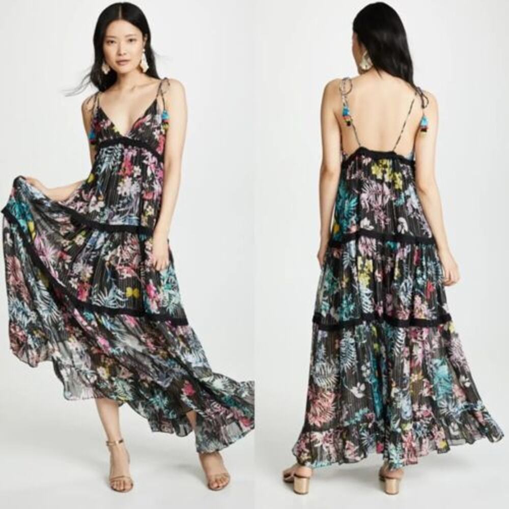ROCOCO SAND Moonlight Floral Metallic Maxi Tiered Dress - Small